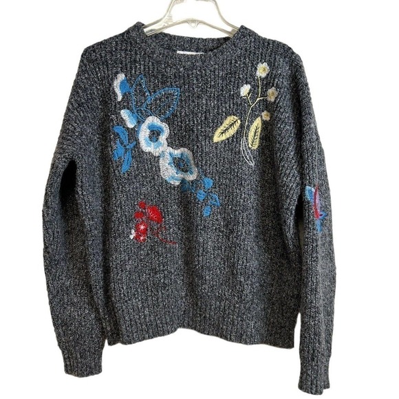 Woven Heart Embroidered Cotton Blend Pullover Gray Sweater Size Large - Picture 1 of 11